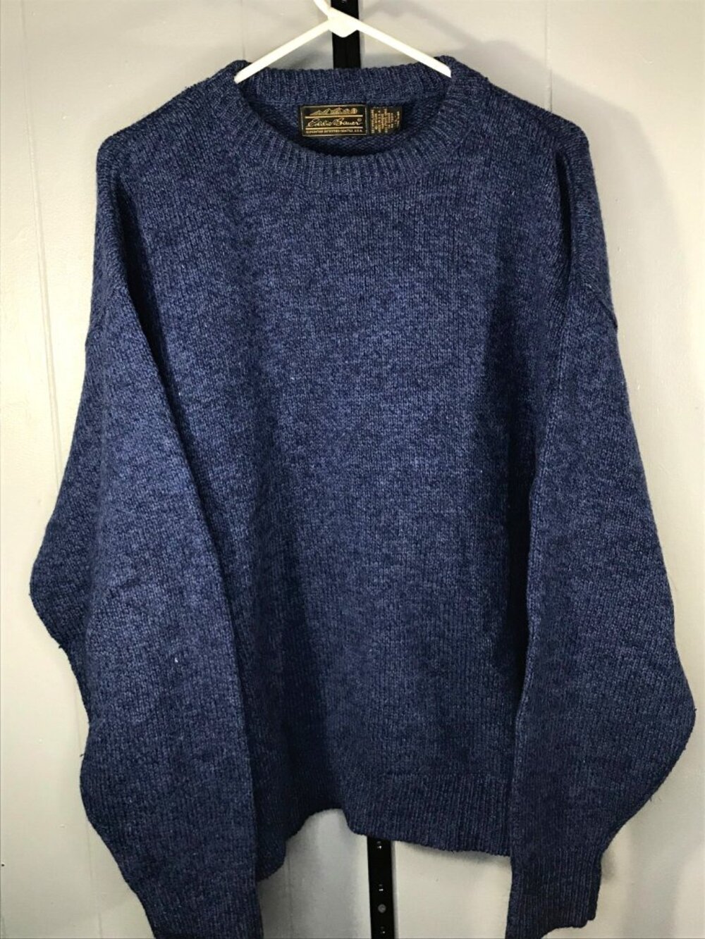Vintage Eddie Bauer 80s Made USA  Wool Chunky Cable Knit Sweater 100% Blue sz LG